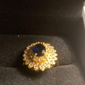 Simulated Blue Sapphire & Yellow Gold Tone Ring size 8.5